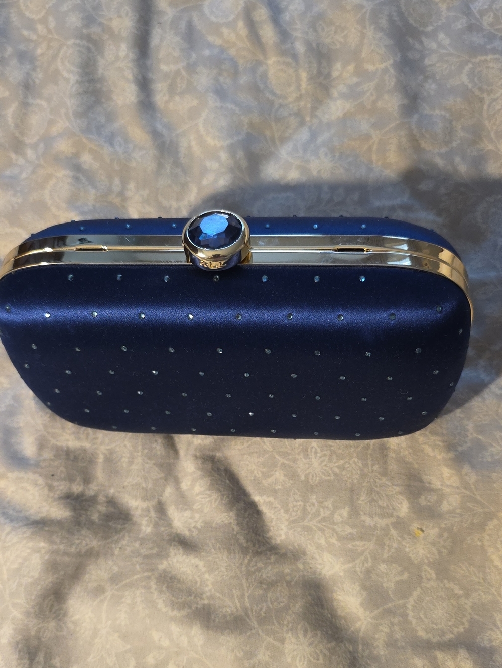 Navy Satin Rhinestone Clutch with Gemstone Closure